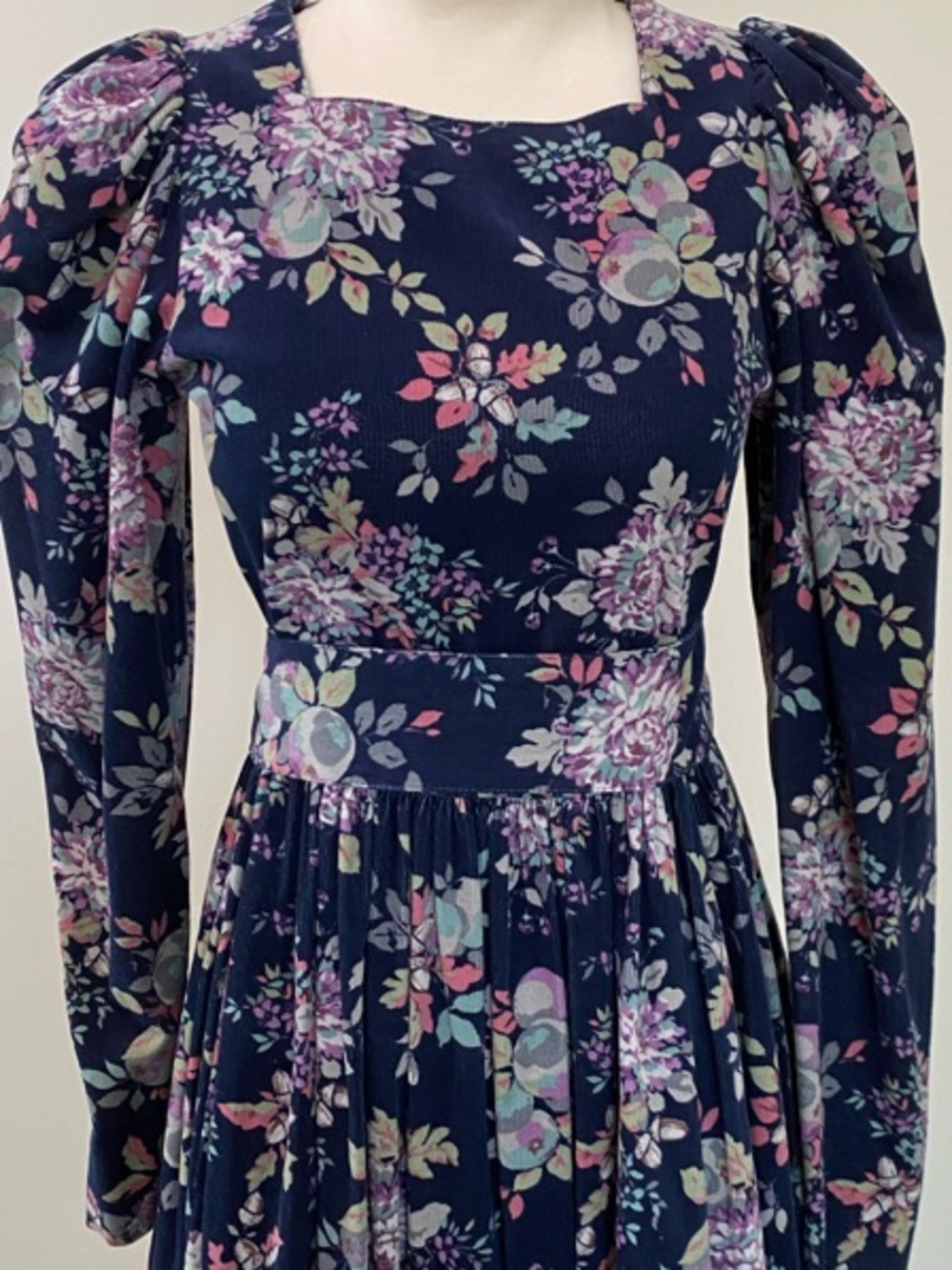 Vintage Laura Ashley Navy Floral Corduroy Long-Sleeve Midi Dress - Picture 2 of 15